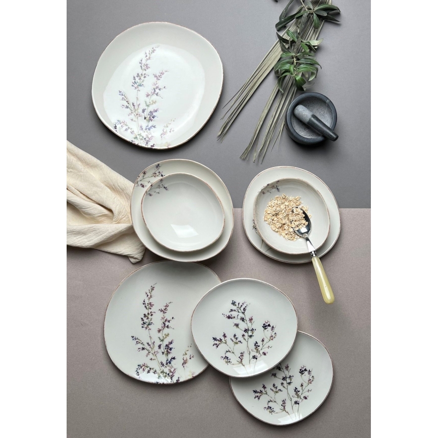 12 daļu galda servīze, balta/violeta, no porcelāna