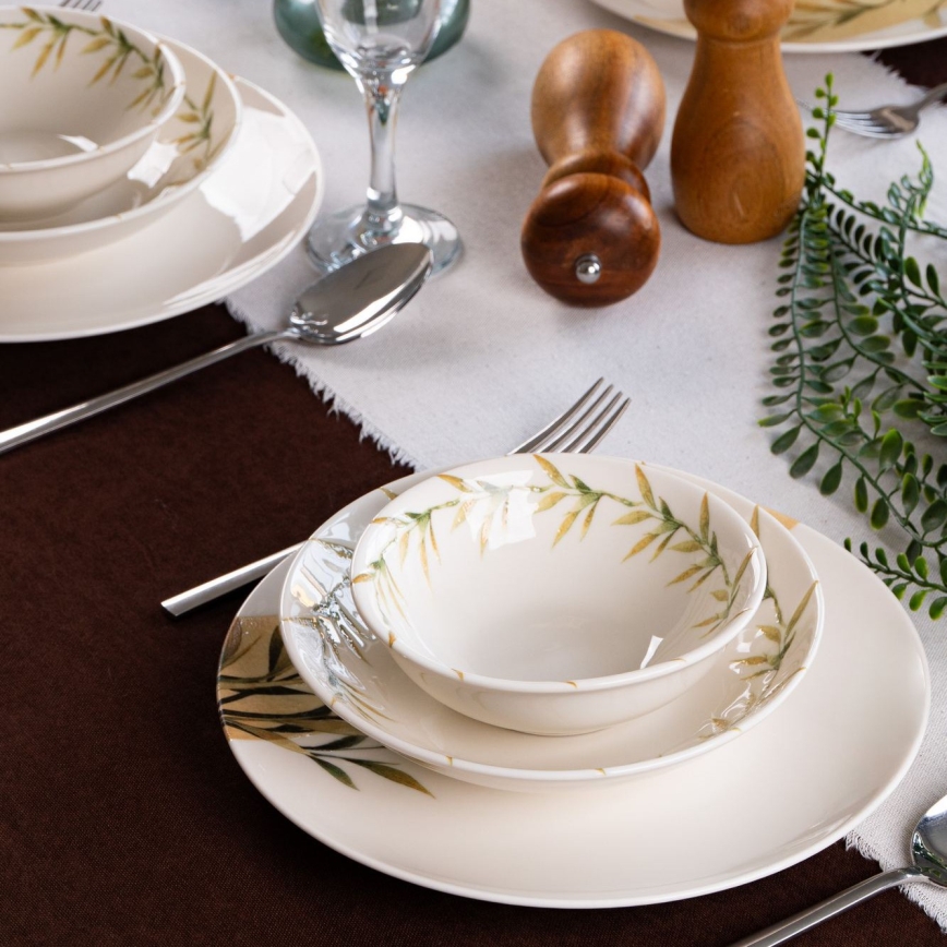 18 daļu galda servīze — balta/zaļa/dzeltena, porcelāns