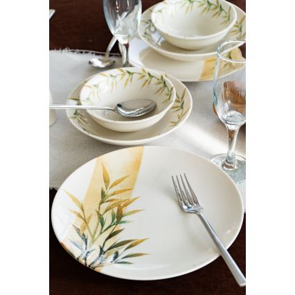 18 daļu galda servīze — balta/zaļa/dzeltena, porcelāns