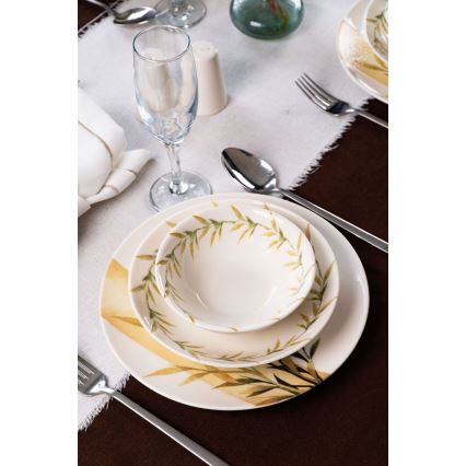 18 daļu galda servīze — balta/zaļa/dzeltena, porcelāns