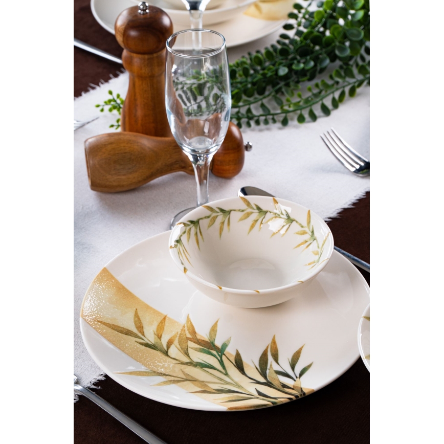 18 daļu galda servīze — balta/zaļa/dzeltena, porcelāns