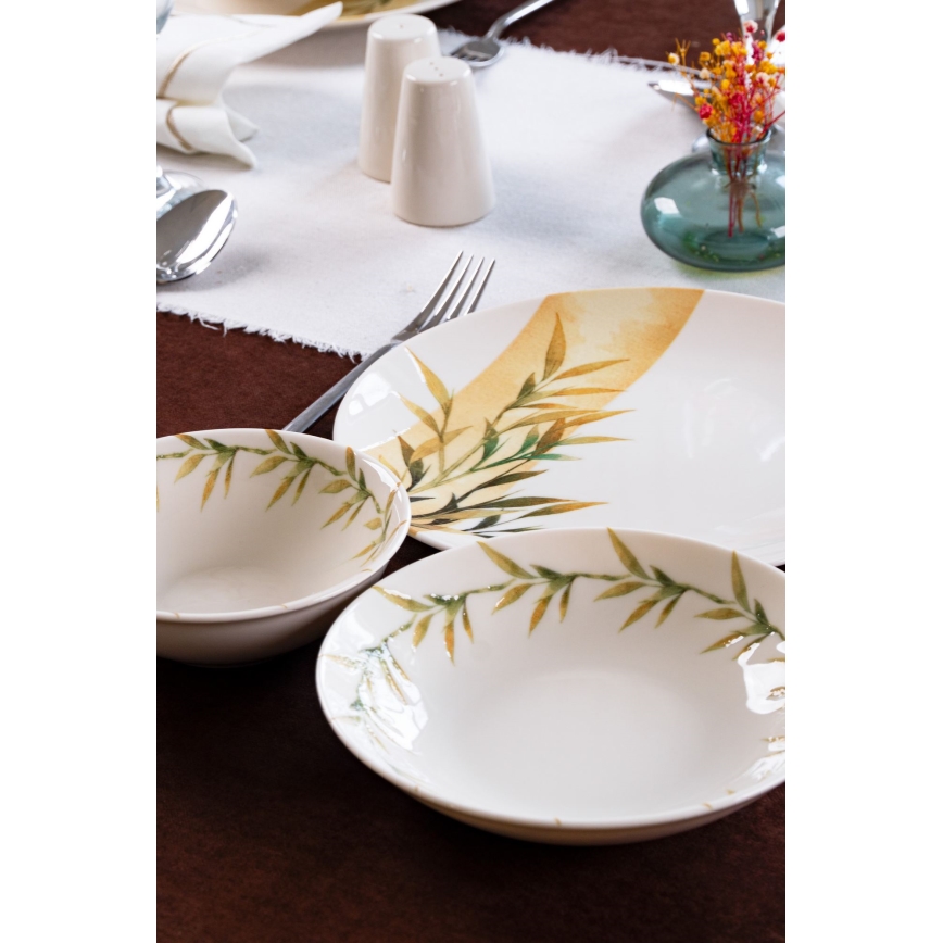 18 daļu galda servīze — balta/zaļa/dzeltena, porcelāns