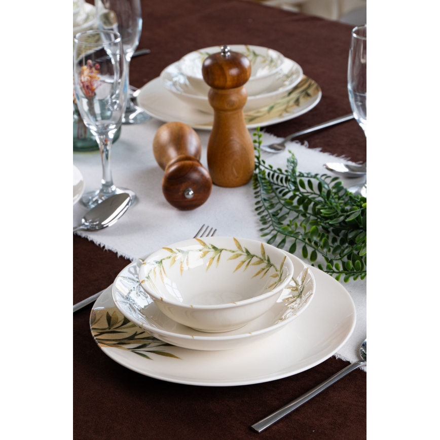 18 daļu galda servīze — balta/zaļa/dzeltena, porcelāns