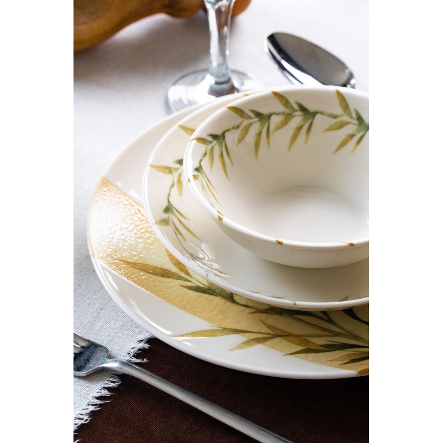 18 daļu galda servīze — balta/zaļa/dzeltena, porcelāns
