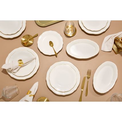 18 daļu porcelāna trauku komplekts — balts ar zelta rotājumu