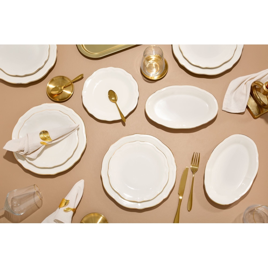18 daļu porcelāna trauku komplekts — balts ar zelta rotājumu
