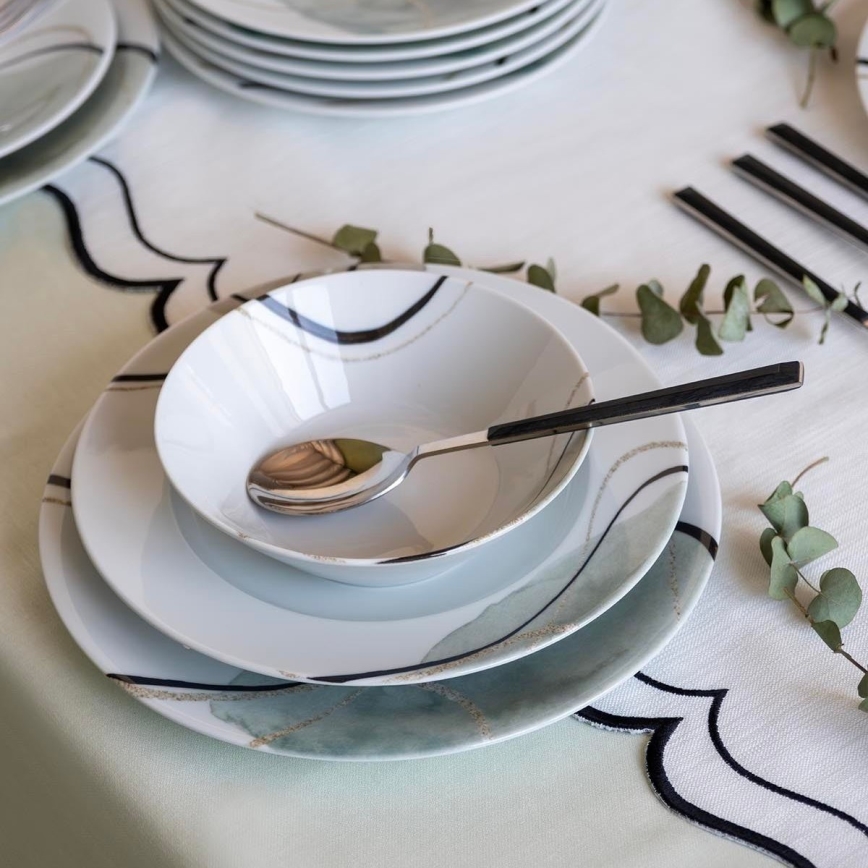 24 daļu ēdienu servīze — pelēka/zaļa, izgatavota no porcelāna