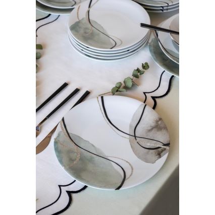 24 daļu ēdienu servīze — pelēka/zaļa, izgatavota no porcelāna
