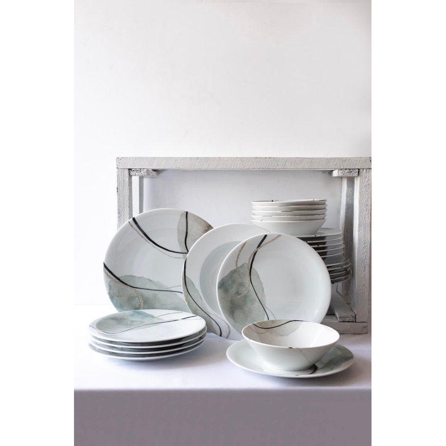 24 daļu ēdienu servīze — pelēka/zaļa, izgatavota no porcelāna