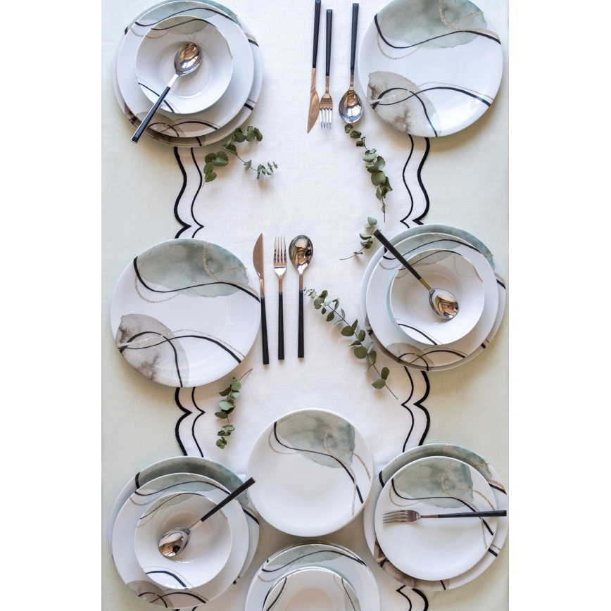 24 daļu ēdienu servīze — pelēka/zaļa, izgatavota no porcelāna