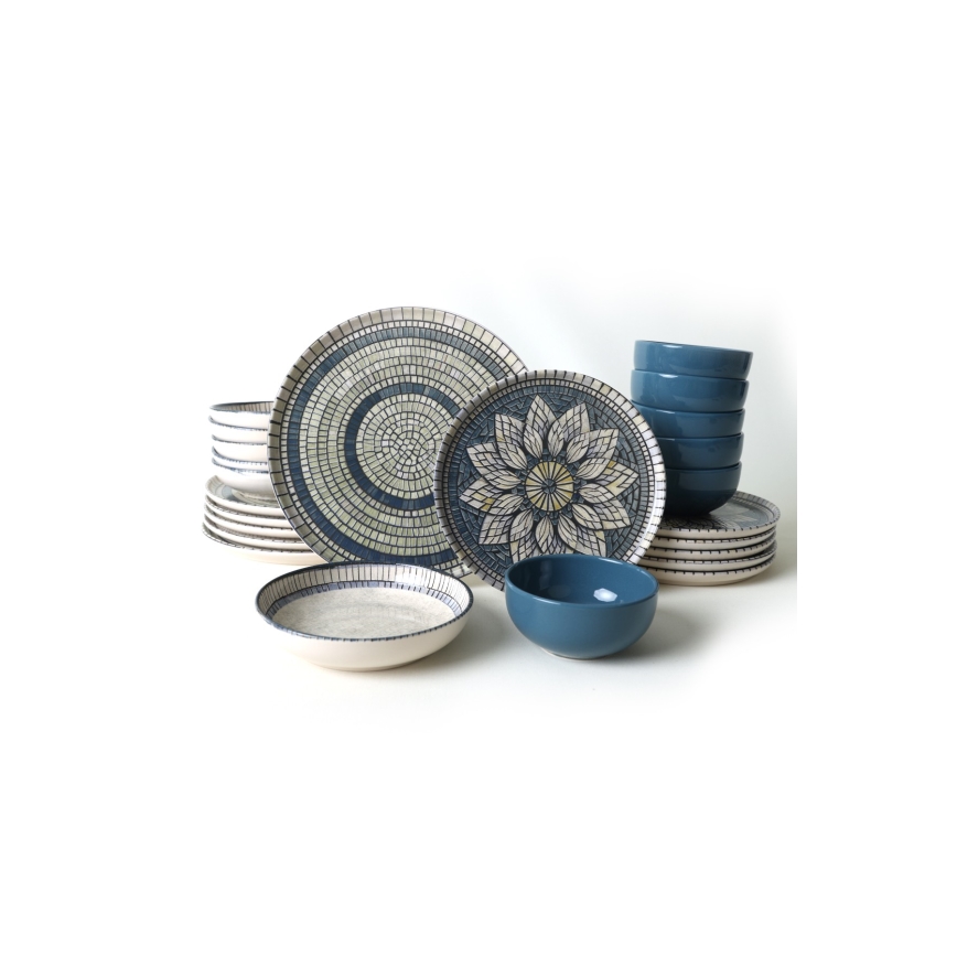 24 daļu galda servīze — zila/krēmkrāsa/akmenskeramika