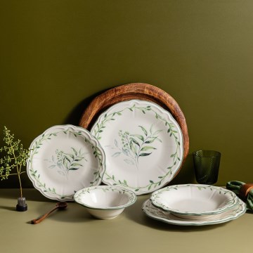 24 daļu galda trauku komplekts, balts/zaļš, porcelāns
