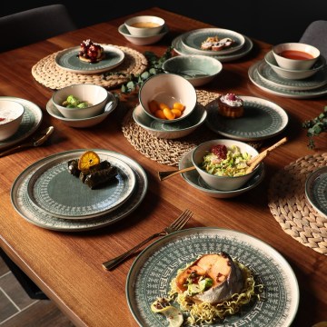 24 daļu galda trauku komplekts, bēšs/zaļš/akmensmāls