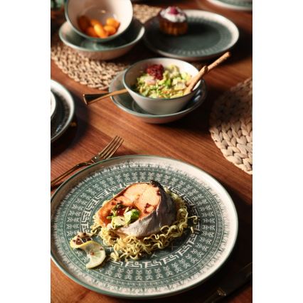 24 daļu galda trauku komplekts, bēšs/zaļš/akmensmāls