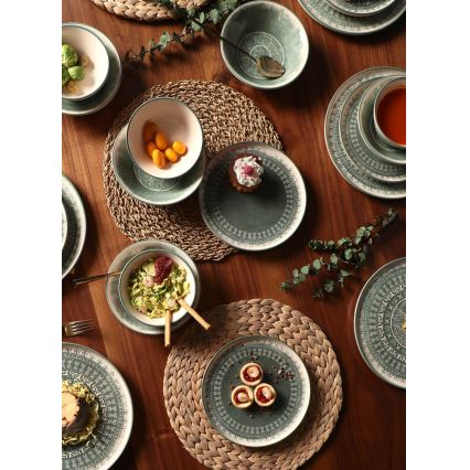 24 daļu galda trauku komplekts, bēšs/zaļš/akmensmāls