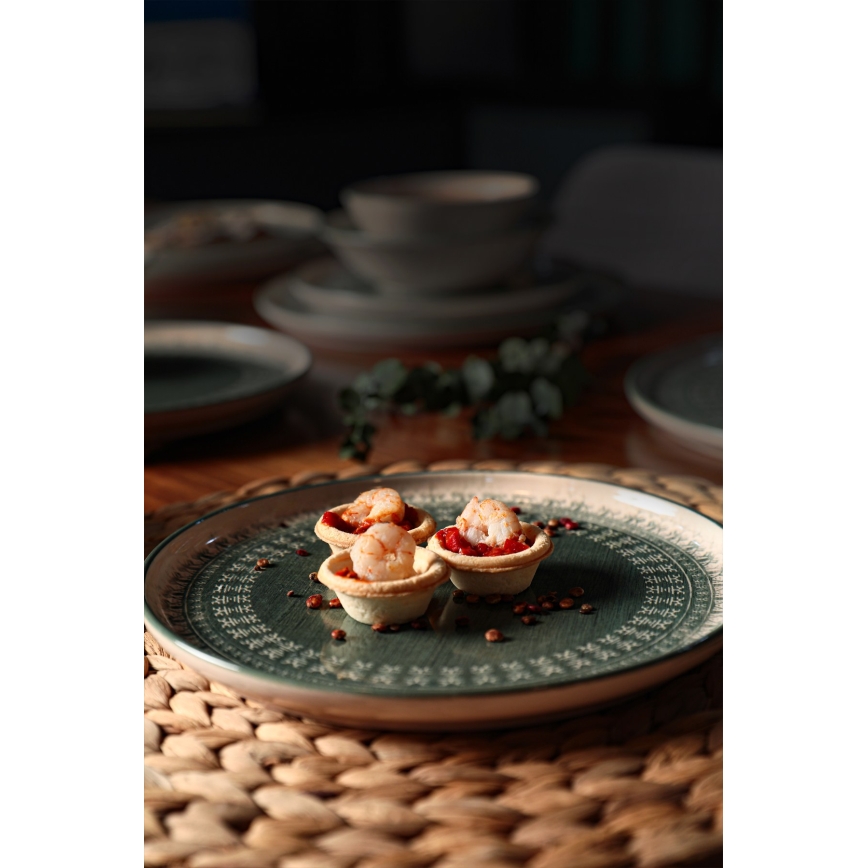 24 daļu galda trauku komplekts, bēšs/zaļš/akmensmāls