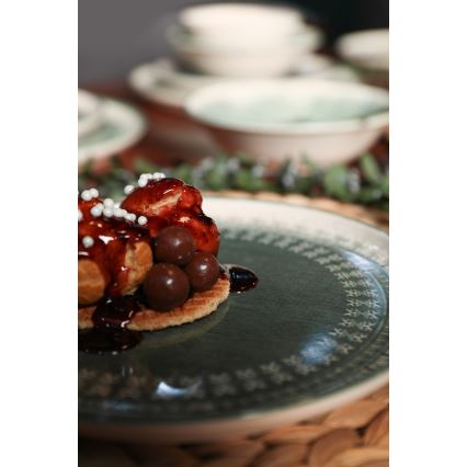 24 daļu galda trauku komplekts, bēšs/zaļš/akmensmāls