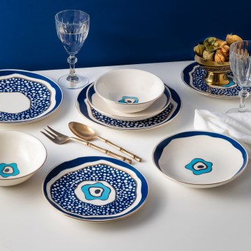 24 daļu porcelāna galda servīze — balta/zila/zelta