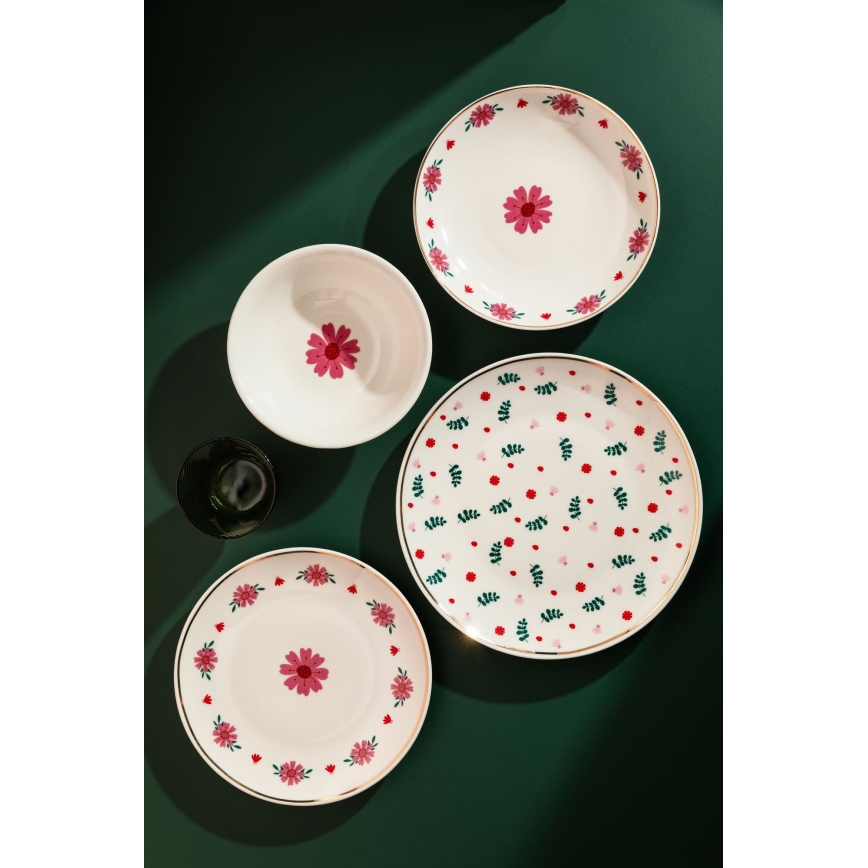 24 daļu porcelāna servīze — balta/sarkana/zaļa