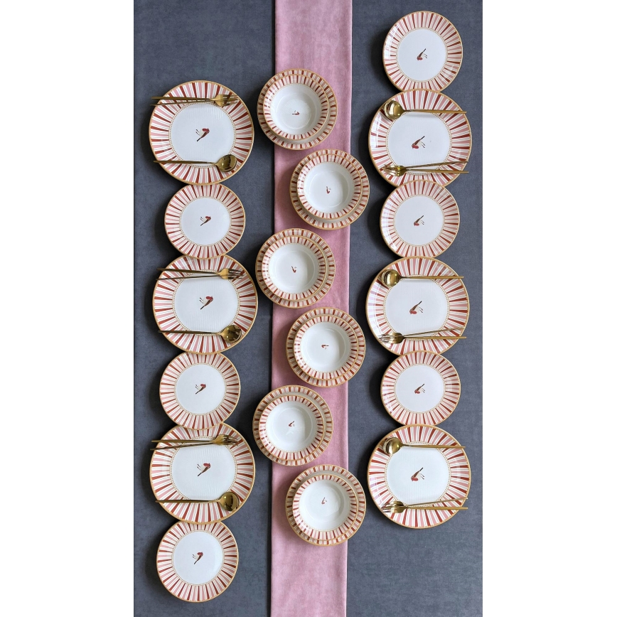 24 daļu servīze balta/sarkana/zeltaina/keramika
