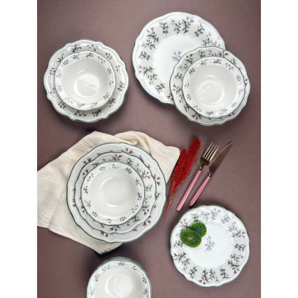 24 gab. porcelāna galda trauku komplekts — balts/zaļš