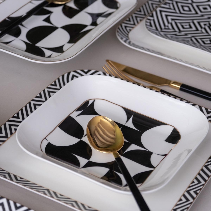 26 daļu vakariņu servīze — balta/melna, no porcelāna