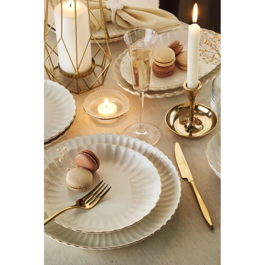 27 daļu porcelāna galda servīze — balta ar zelta akcentiem