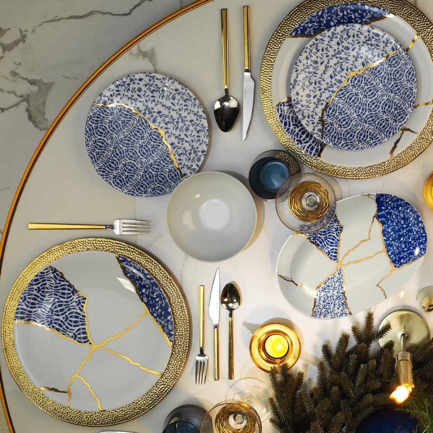 28 daļu galda servīze balta/zelta/zila/porcelāns