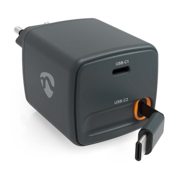 30W USB Power Delivery (PD) lādētājs ar ievelkamu kabeli, 2x USB-C, melns