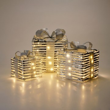 3x LED Ziemassvētku rotājumu komplekts 20xLED/2xAA + 30xLED/3xAA + 40xLED/3xAA siltā balta dāvanas/sudraba