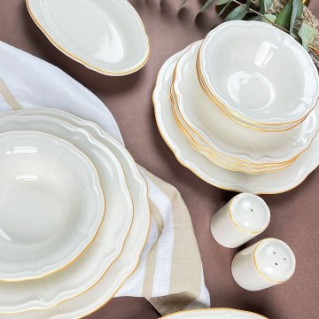 53 daļu galda servīze — balta ar zelta akcentiem, porcelāns