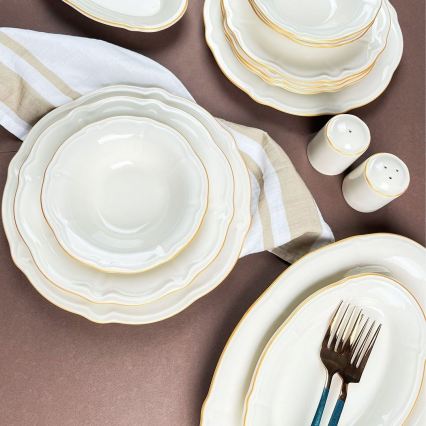 53 daļu galda servīze — balta ar zelta akcentiem, porcelāns