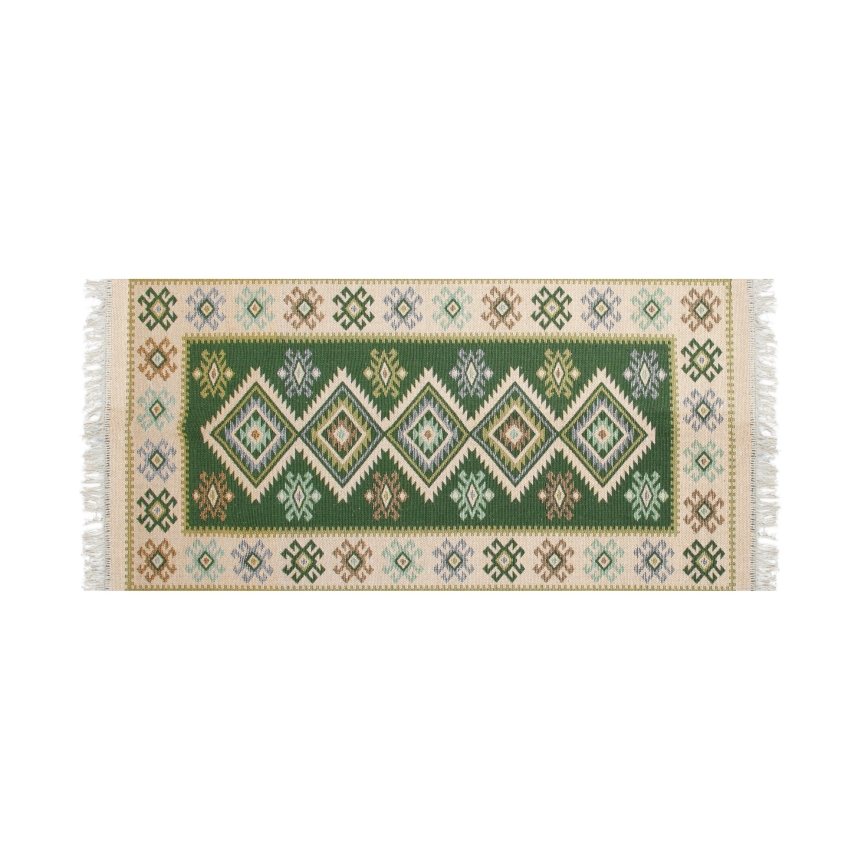 Abpusējs orientālais paklājs KILIM 80x150 cm zaļš/bēšs