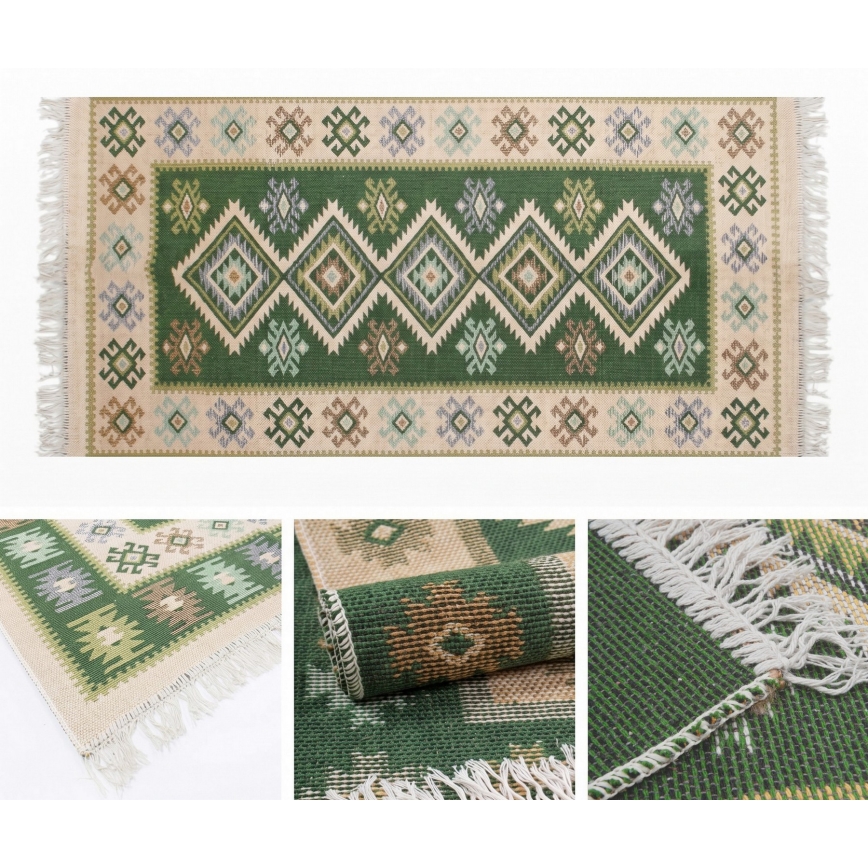 Abpusējs orientālais paklājs KILIM 80x150 cm zaļš/bēšs