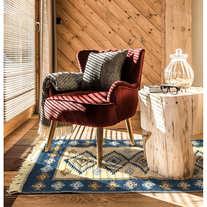Abpusējs orientālais paklājs KILIM 80x150 cm zils/bēšs