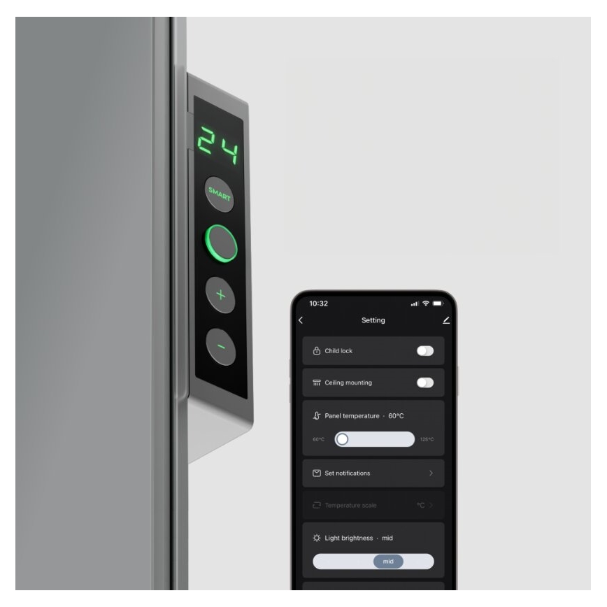AENO - Viedais elektriskais infrasarkanais panelis ar LED ekrānu 700W taimeris/termostats IP44 Wi-fi pelēka