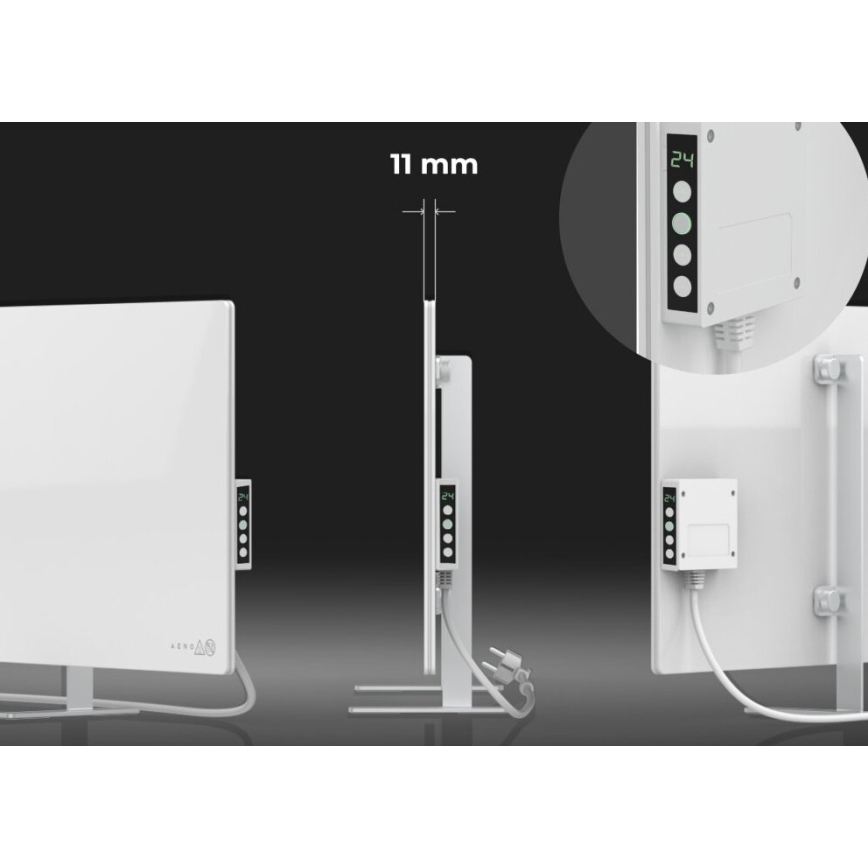 AENO - Viedais elektriskais infrasarkanais panelis ar LED ekrānu 700W taimeris/termostats IP44 Wi-fi balta