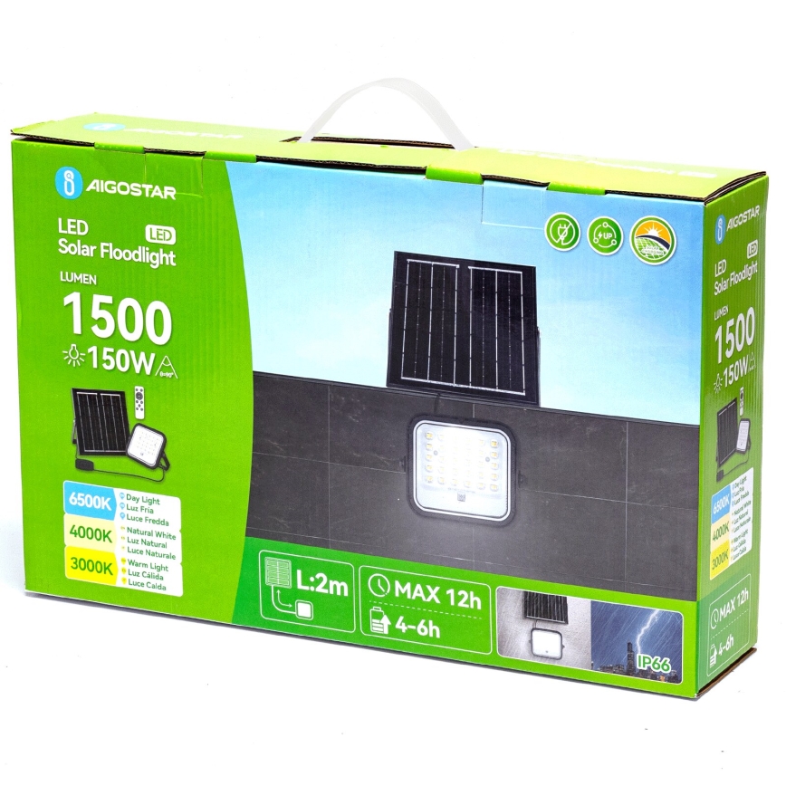 Aigostar - LED ar regulējamu spilgtumu saules prožektors LED/150W/3,4V 3000/4000/6500K IP66 12000 mAh + tālvadības pults