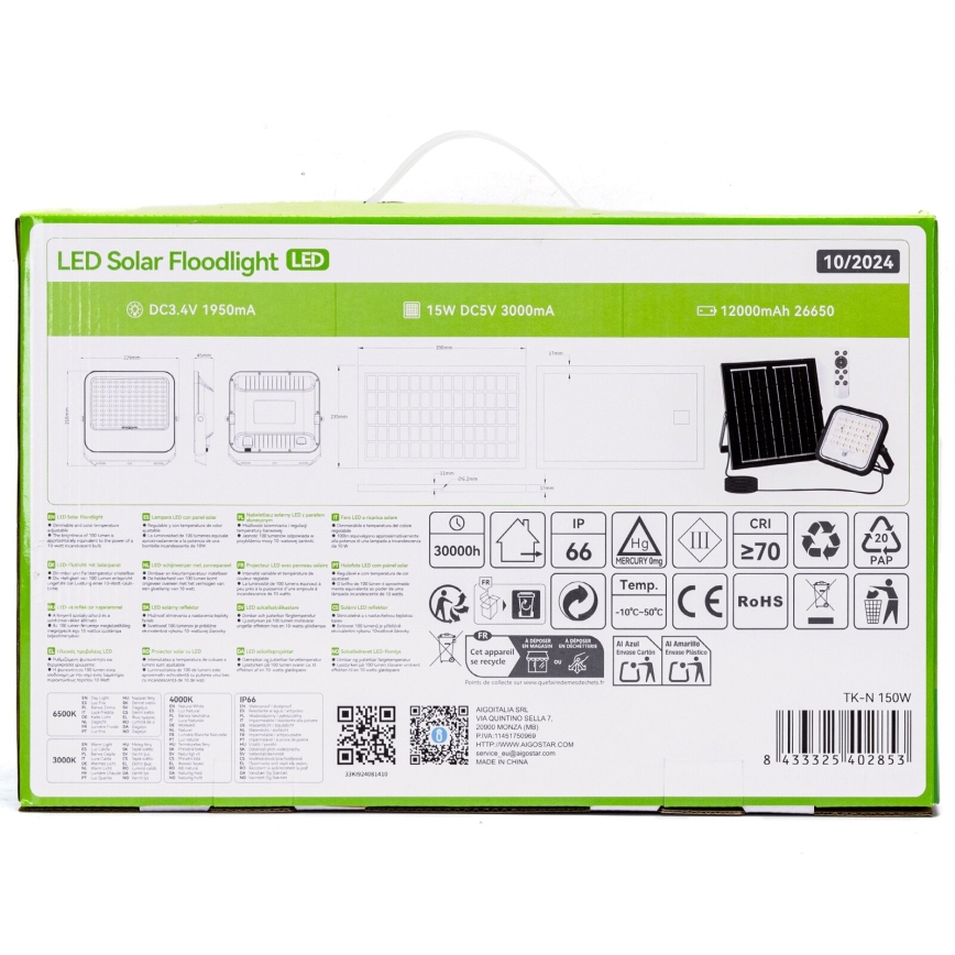 Aigostar - LED ar regulējamu spilgtumu saules prožektors LED/150W/3,4V 3000/4000/6500K IP66 12000 mAh + tālvadības pults
