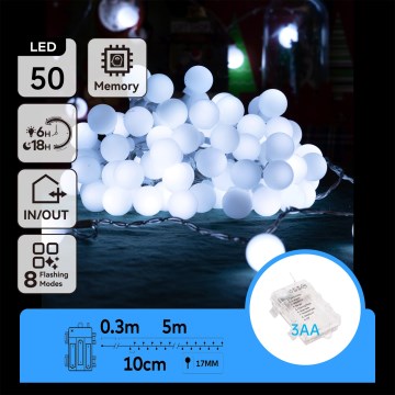 Aigostar - Āra LED virtene 50xLED/3xAA/8 režīmi 5,3 m IP44 auksta balta