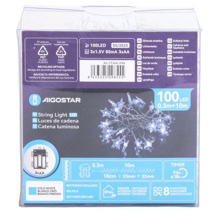 Aigostar - LED āra Ziemassvētku virtene 100xLED/8 režīmi 3xAA 10 m IP44 auksta balta