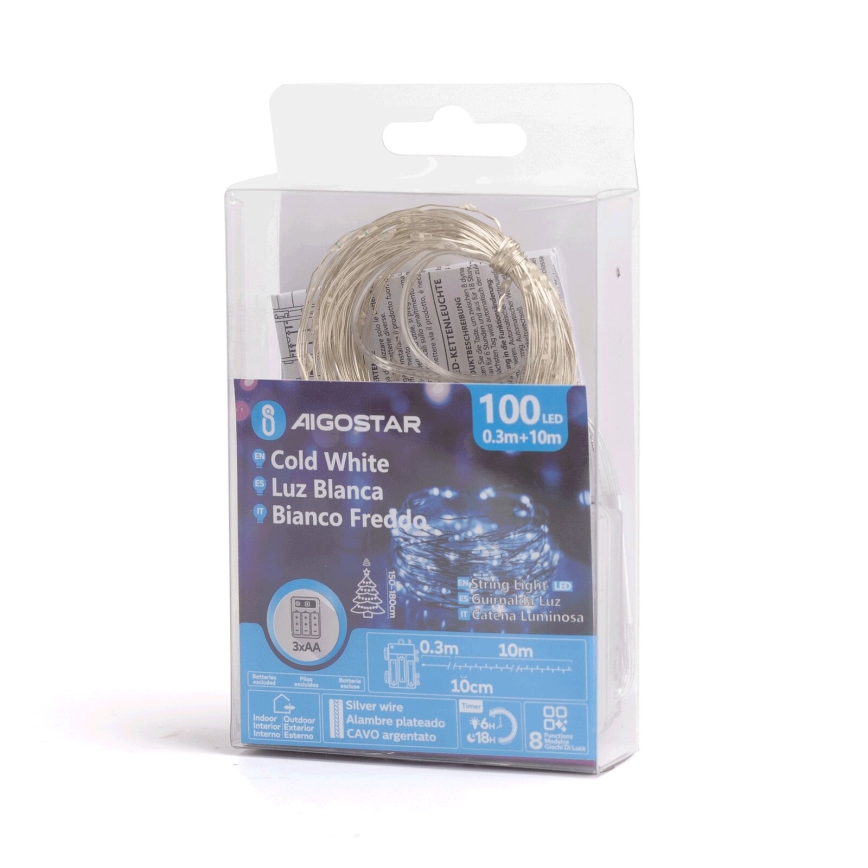 Aigostar - LED āra Ziemassvētku virtene 100xLED/8 režīmi/3xAA 10,3m IP44 auksti balta