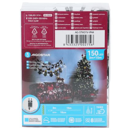 Aigostar - Āra LED Ziemassvētku virtene 150xLED/8 funkcijas 18m IP44 auksti balta