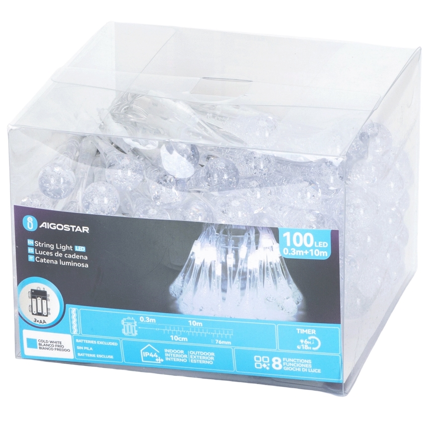 Aigostar - LED āra Ziemassvētku virtene 100xLED/8 režīmi 3xAA 10m IP44 auksta balta pilieni