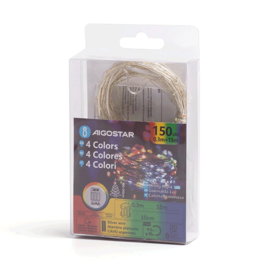 Aigostar - LED āra Ziemassvētku virtene 150xLED/8 funkcijas/3xAA 15,3m IP44 daudzkrāsaina