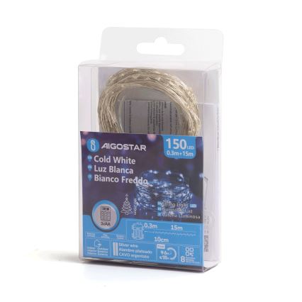 Aigostar - LED āra Ziemassvētku virtene 150xLED/8 funkcijas/3xAA 15,3m IP44 auksti balta