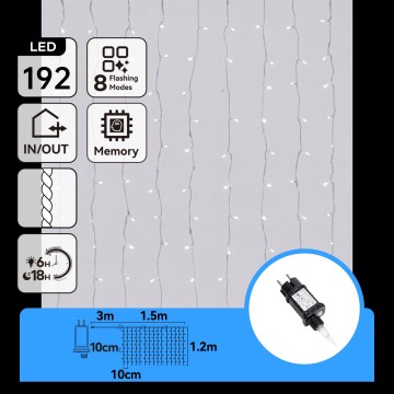 Aigostar - āra Ziemassvētku LED virtene 192xLED/8 funkcijas 4,5x1,2m IP44 auksta balta