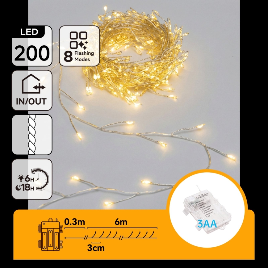 Aigostar - Āra Ziemassvētku LED virtene 200xLED/8 funkcijas 3xAA 6,3m IP44 silti balta