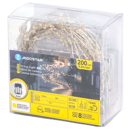 Aigostar - Āra Ziemassvētku LED virtene 200xLED/8 funkcijas 3xAA 6,3m IP44 silti balta
