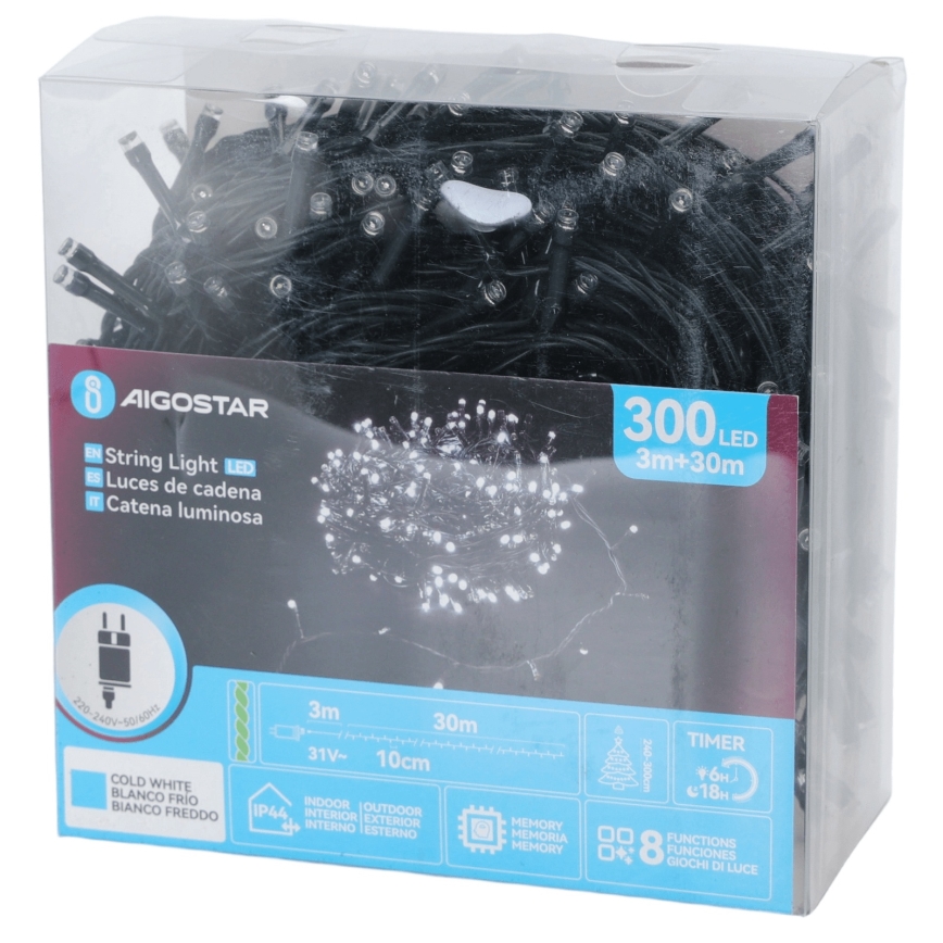 Aigostar - āra Ziemassvētku LED virtene, 300 LED, 8 režīmi, 30 m, IP44, auksti balta